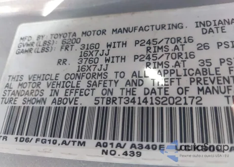 2001 Toyota Tundra Sr5 V8 z USA, uszkodzony, nr VIN 5TBRT34141S202172